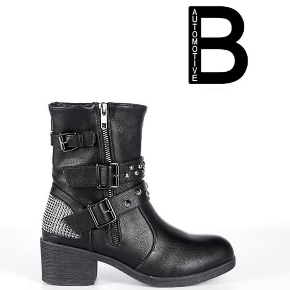Ladies Zippered Black Multi-Studded Buckle Boots